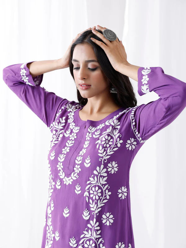 Fizaa chikankari Kurta in Modal cotton with Notch Neck Purple