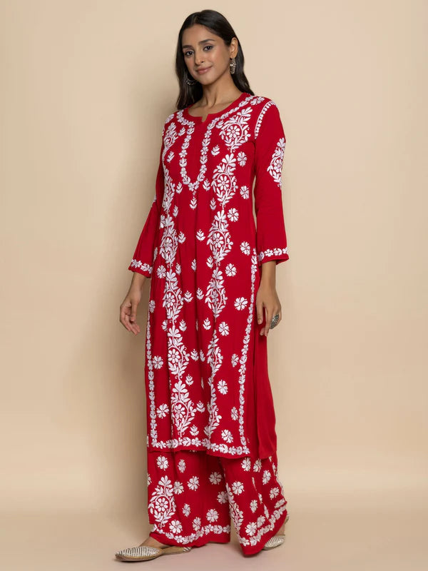Fizaa chikankari Kurta in Modal cotton with Notch Neck Red