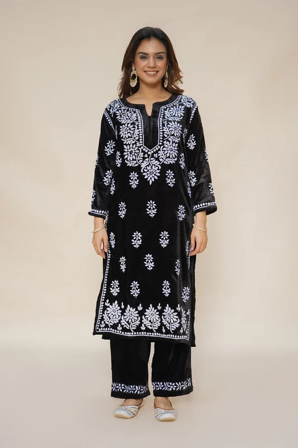 Velvet Chikankari Kurta Set in Black