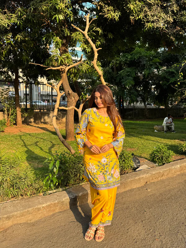 Printkari Poly Muslin Co-ord set in Yellow