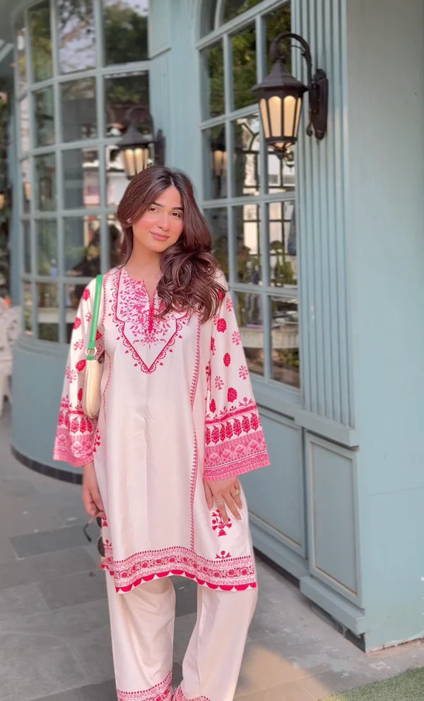 Printkari Poly Muslin Co-ord set in Off White PINK