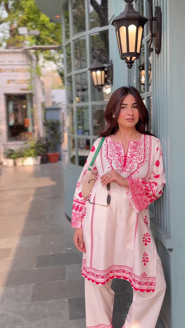 Printkari Poly Muslin Co-ord set in Off White PINK