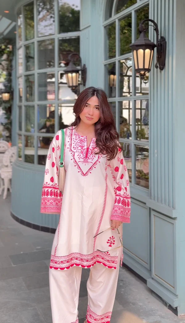 Printkari Poly Muslin Co-ord set in Off White PINK