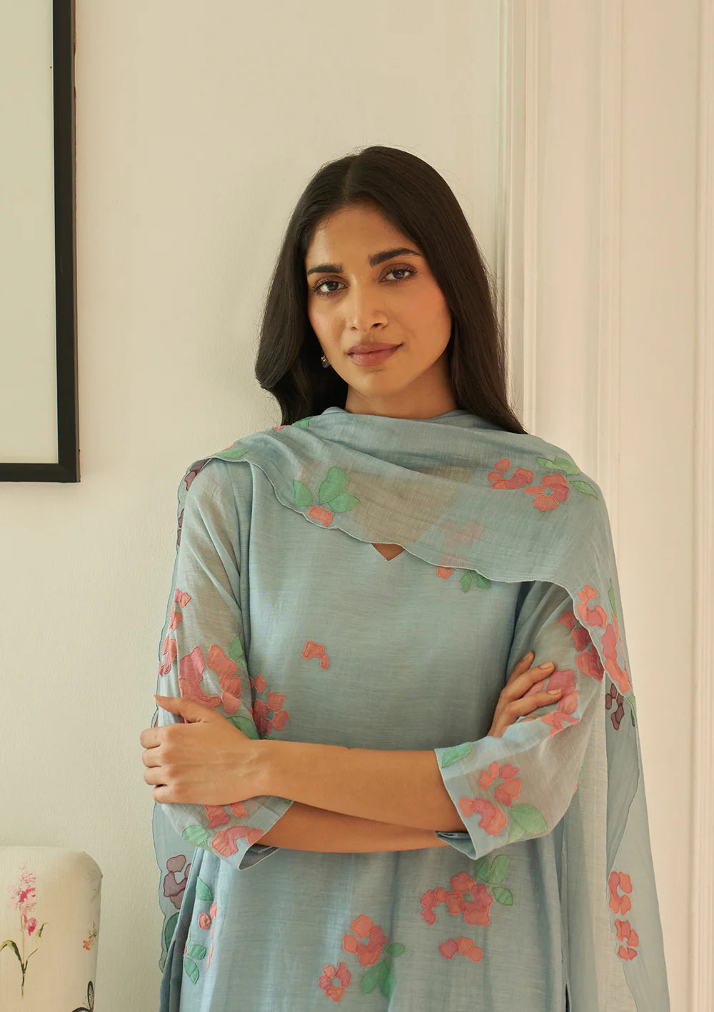 Sky Floral Applique Kurta Set