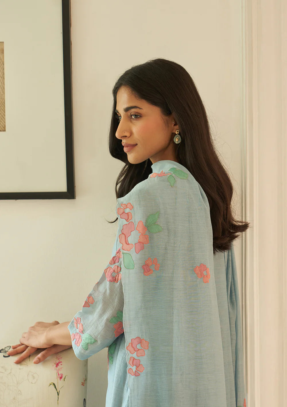 Sky Floral Applique Kurta Set