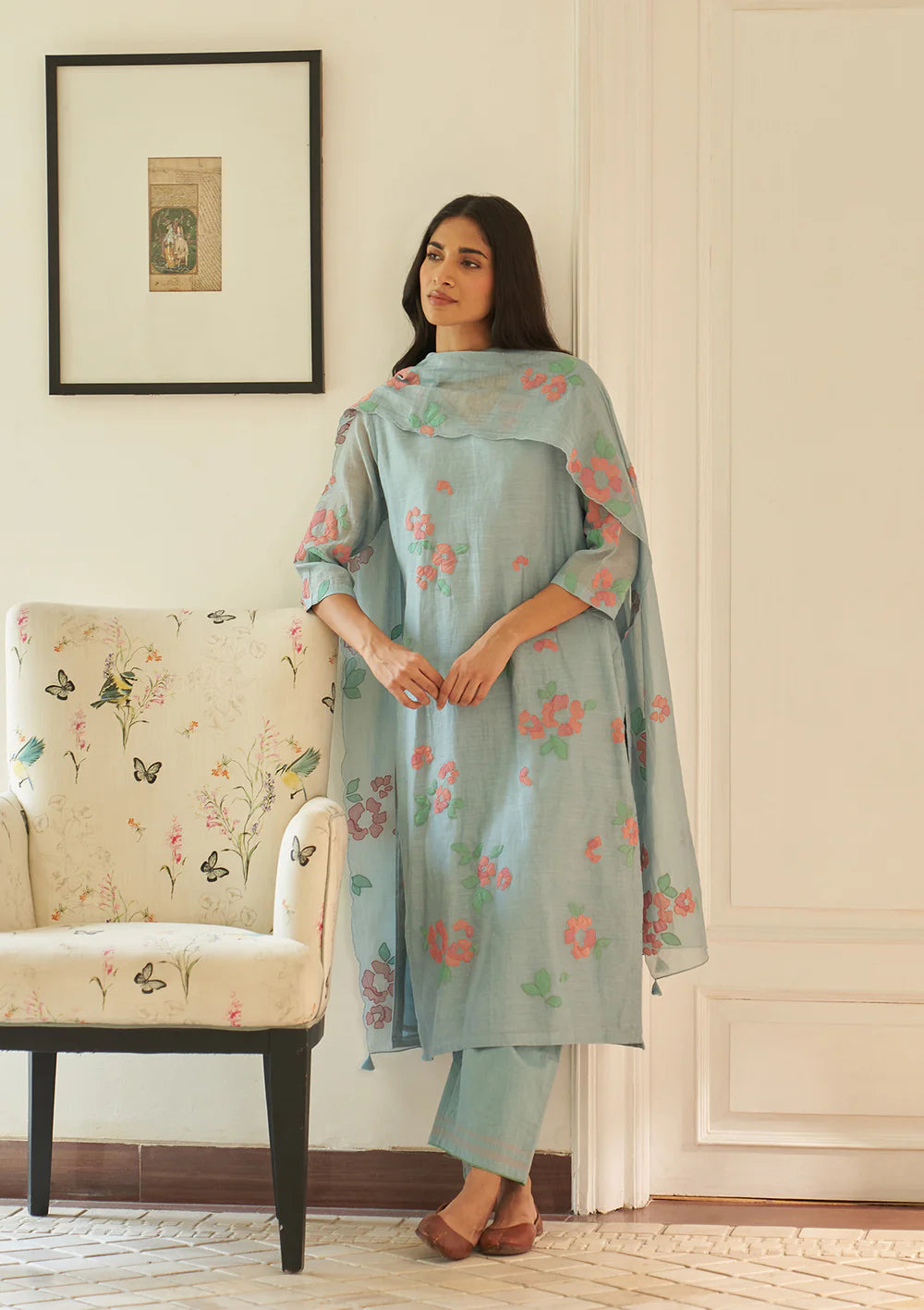 Sky Floral Applique Kurta Set